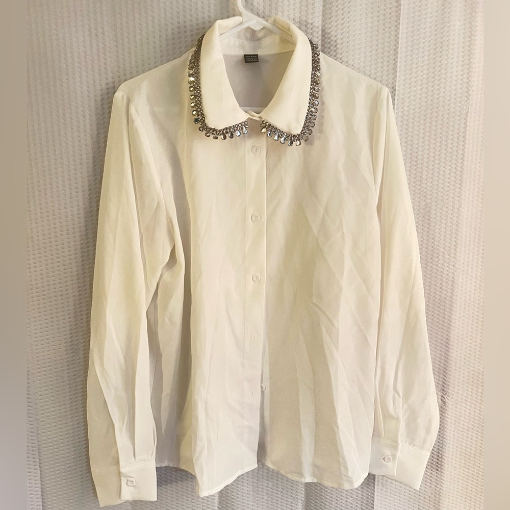 Embellished White Button-Up Shirt